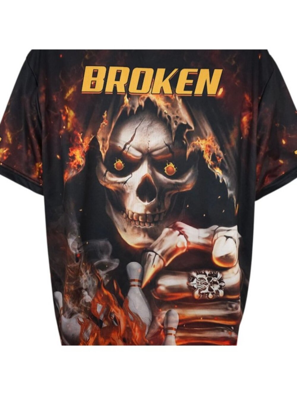 Skull Bowling Polo Shirt Mens Size XL Black Grim Reaper All Over Print Broken